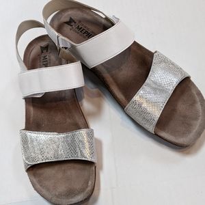 Mephisto, white and silver leather sandals. Sz 12 (Euro 42)